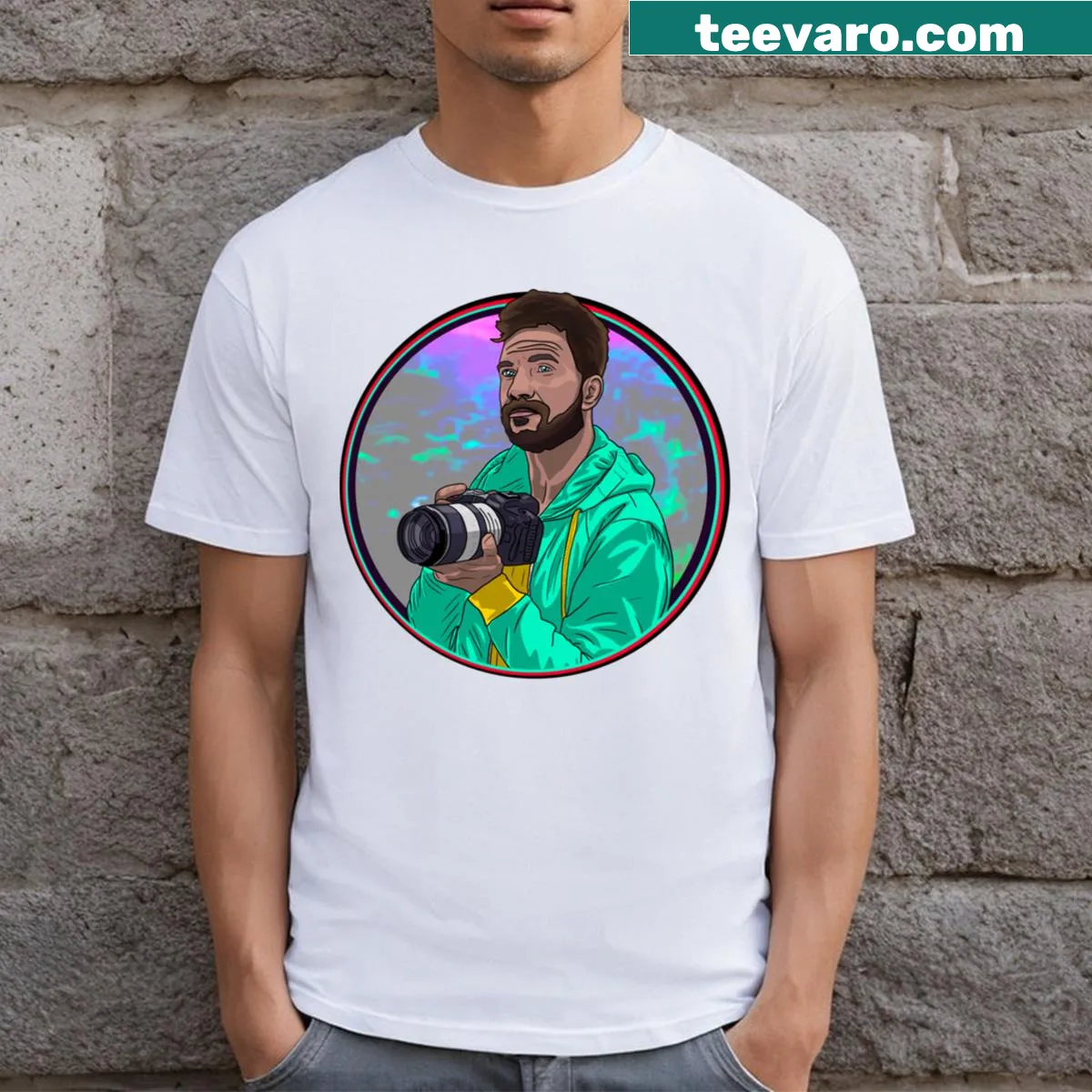 Modern photography logo T-shirt featuring bold typography. — on a men's t-shirt
