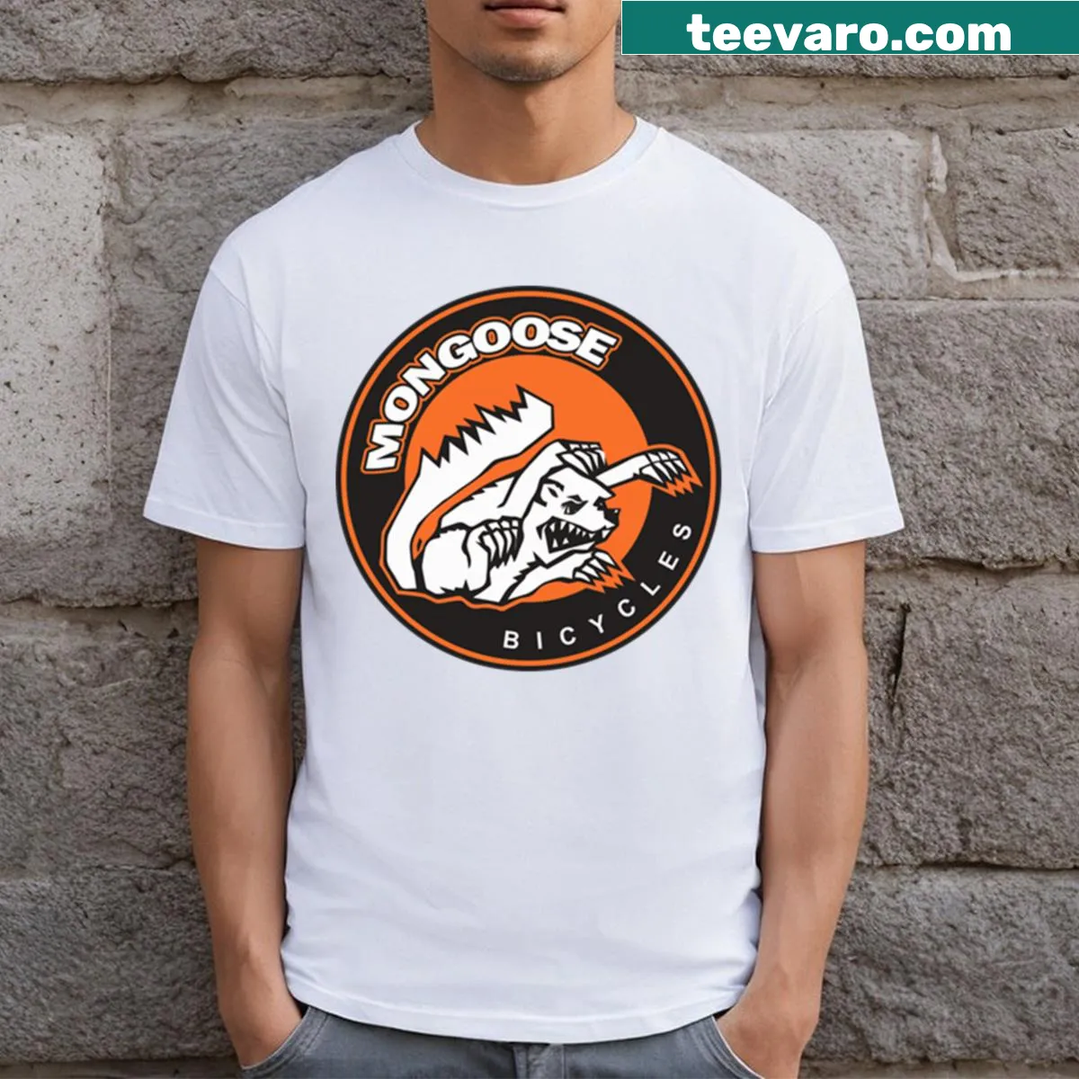 Mongoose Bicycles-themed T-shirt featuring bike-related imagery. — on a men's t-shirt