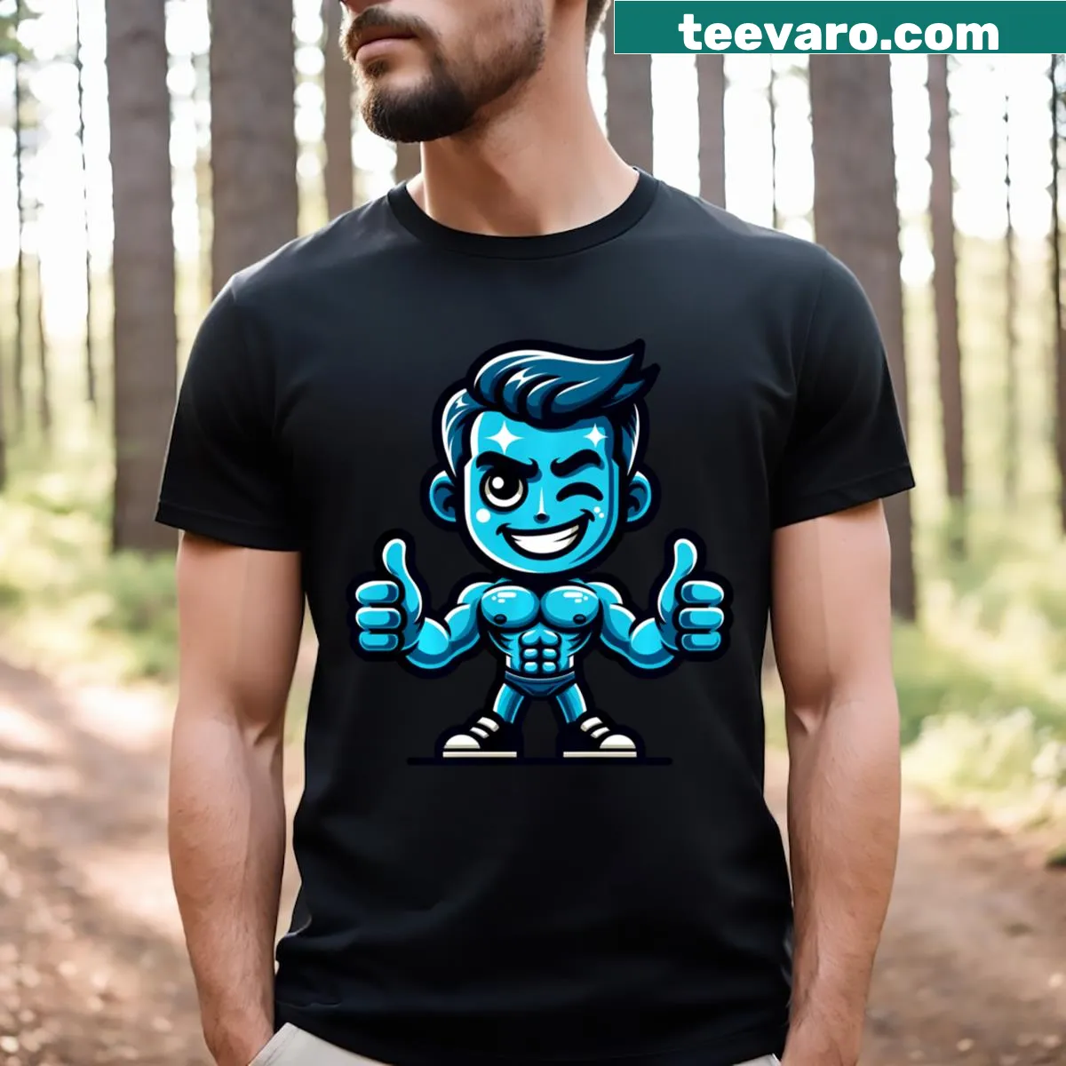 Cartoon muscular character giving a thumbs up on a fun fitness tee — on a men's t-shirt