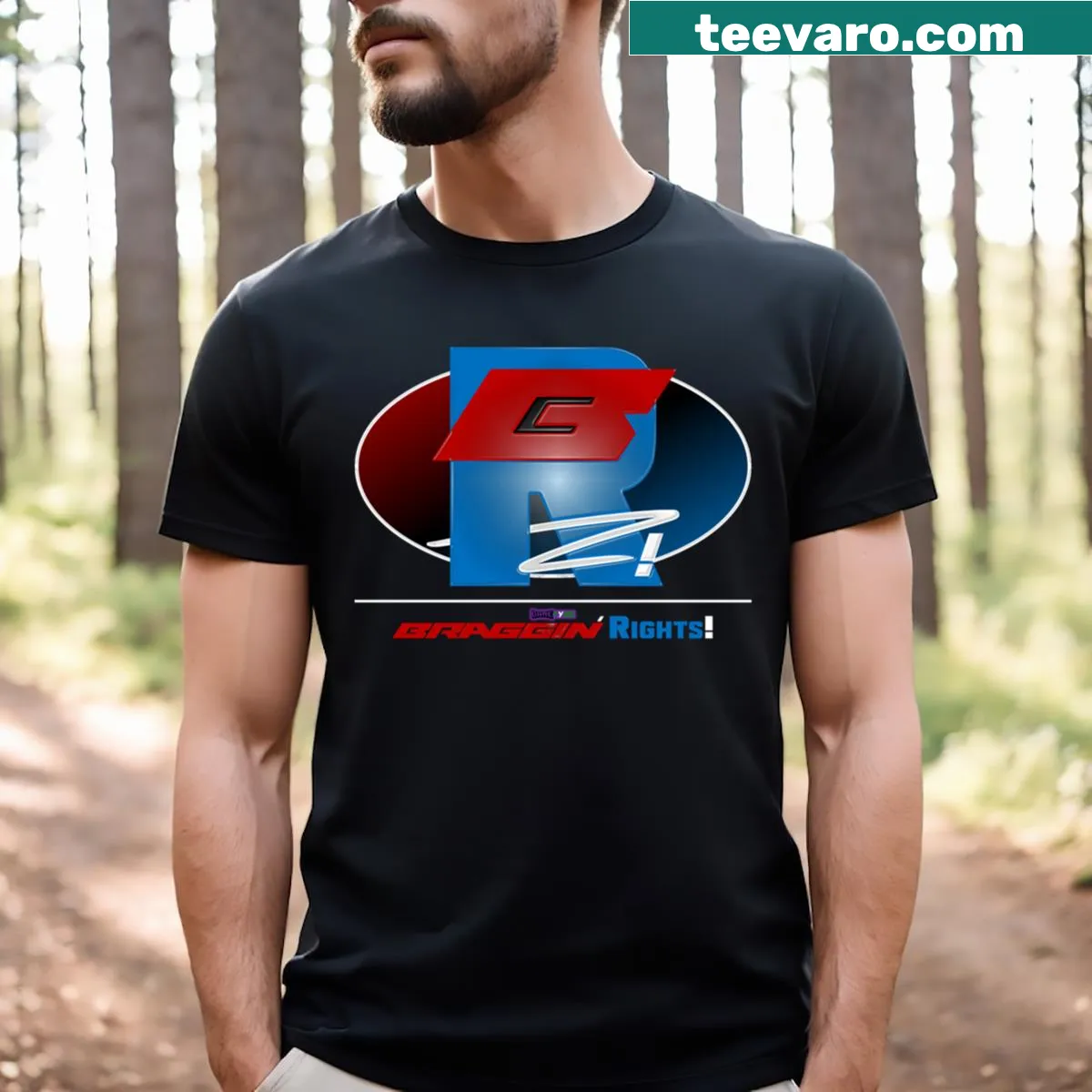 Badge-emblem logo T-shirt with playful design. — on a men's t-shirt