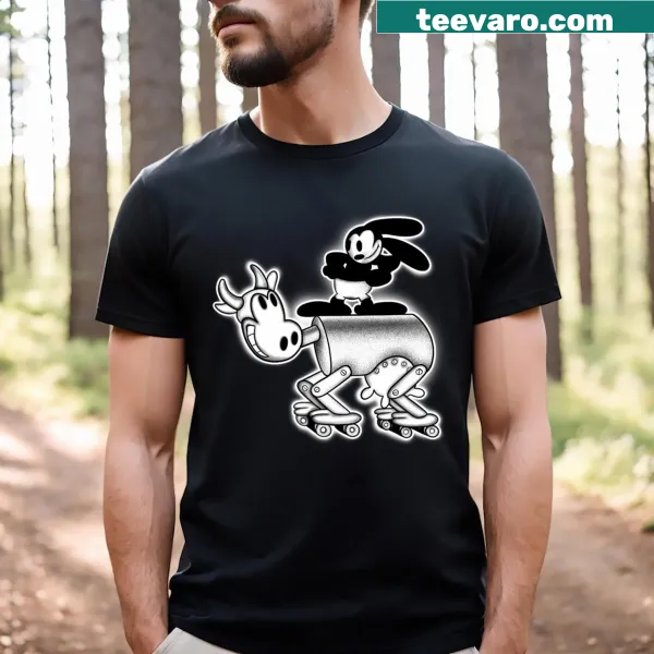Cartoon T-shirt featuring Oswald the Lucky Rabbit and a mechanical cow