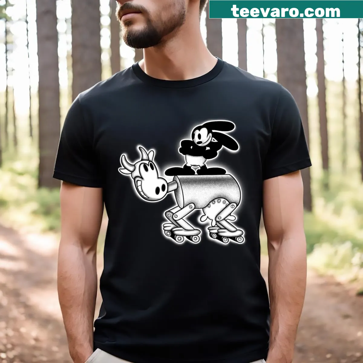 Cartoon T-shirt featuring Oswald the Lucky Rabbit and a mechanical cow — on a men's t-shirt