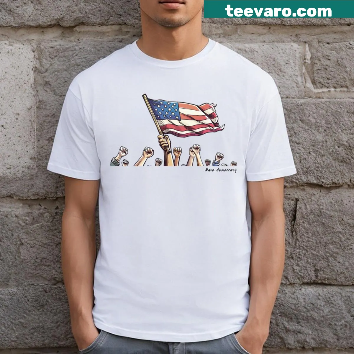 T-shirt with a raised fist graphic and Save Democracy text — on a men's t-shirt