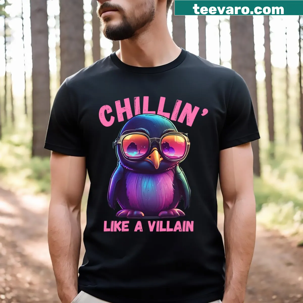 Cartoon penguin graphic with Chillin' Like A Villain text — on a men's t-shirt
