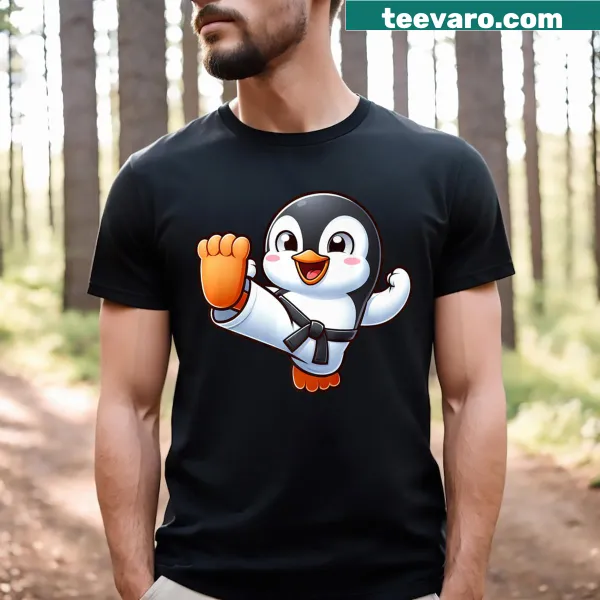 Cartoon Penguin Karate Martial Arts T-shirt for kids.