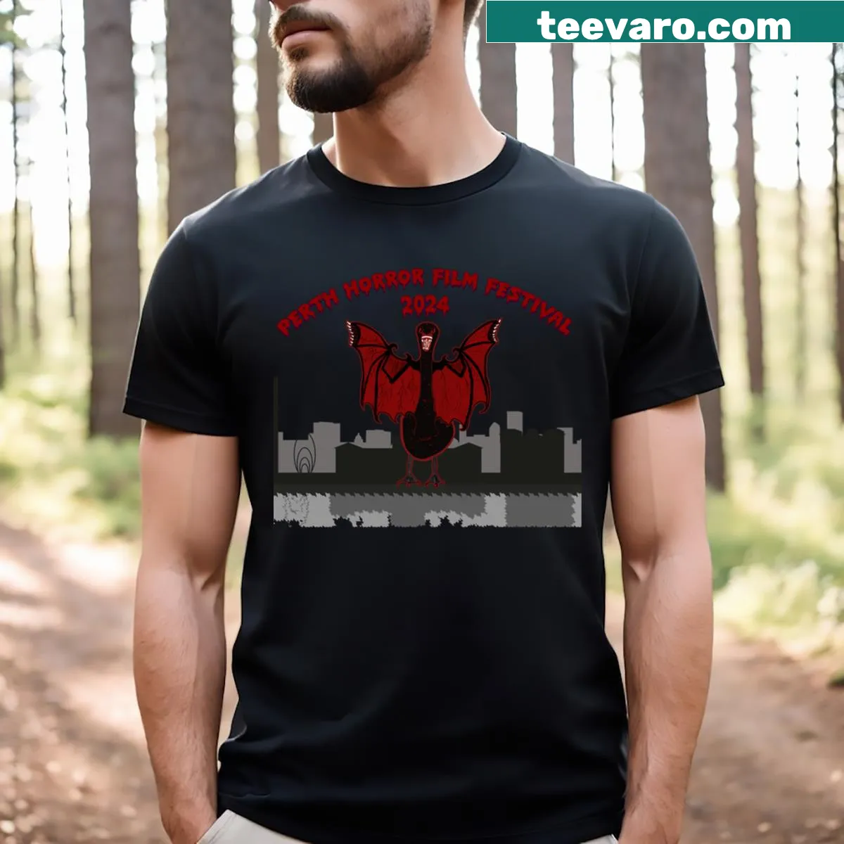 Illustrative Perth Horror Film Festival 2024 T-shirt design. — on a men's t-shirt