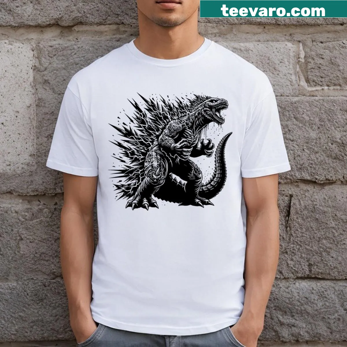 Punk-themed Godzilla graphic on a casual T-shirt — on a men's t-shirt