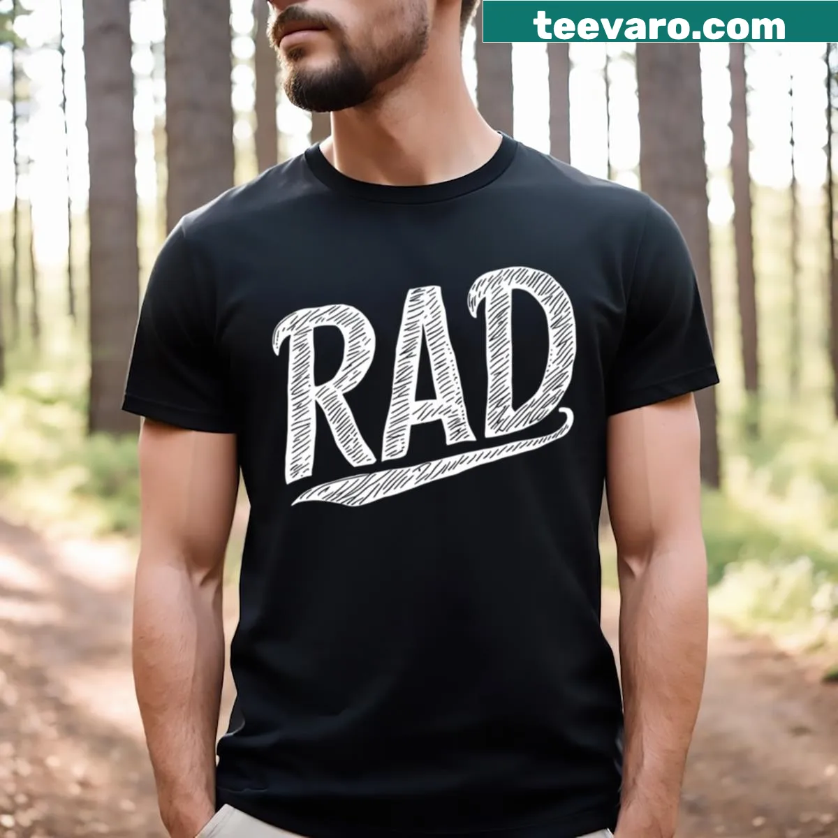 Bold graphic T-shirt featuring the word 'Rad' — on a men's t-shirt