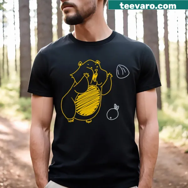 Illustrated T-shirt featuring voles with treats in the rain