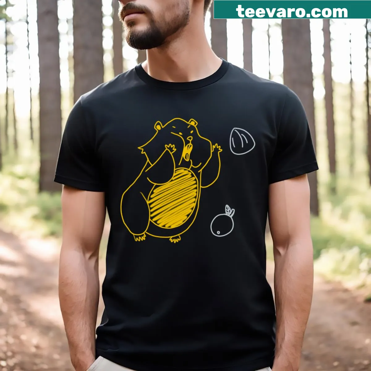 Illustrated T-shirt featuring voles with treats in the rain — on a men's t-shirt