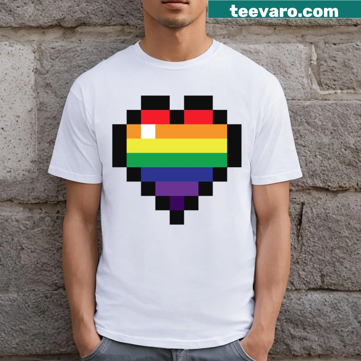 Minecraft-style rainbow heart graphic with playful typography — on a men's t-shirt