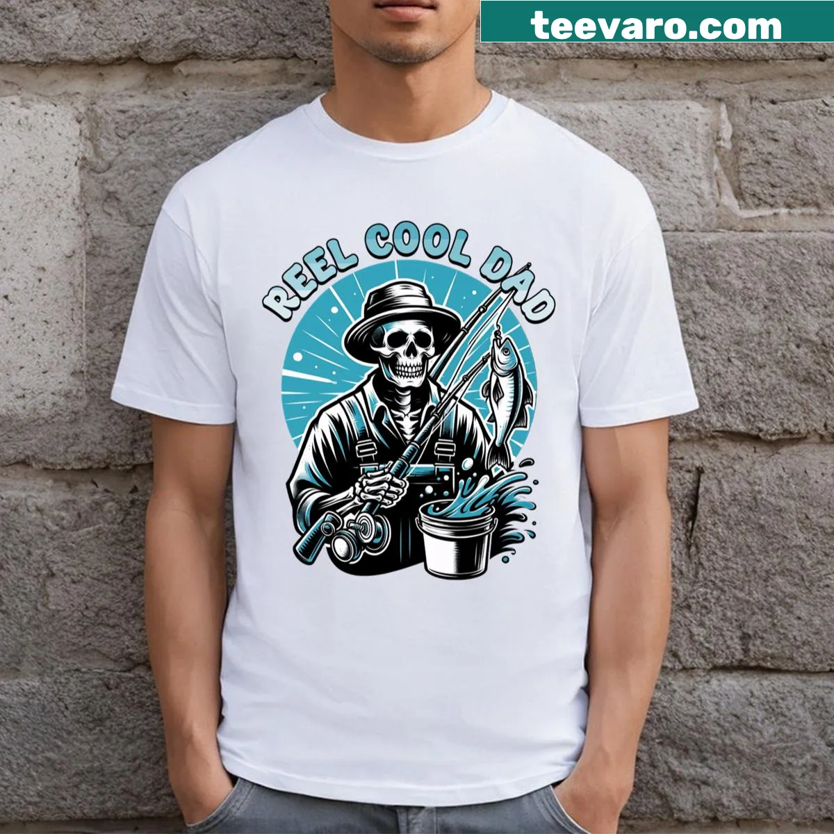 Typography graphic saying 'Reel Cool Dad' with fishing elements — on a men's t-shirt