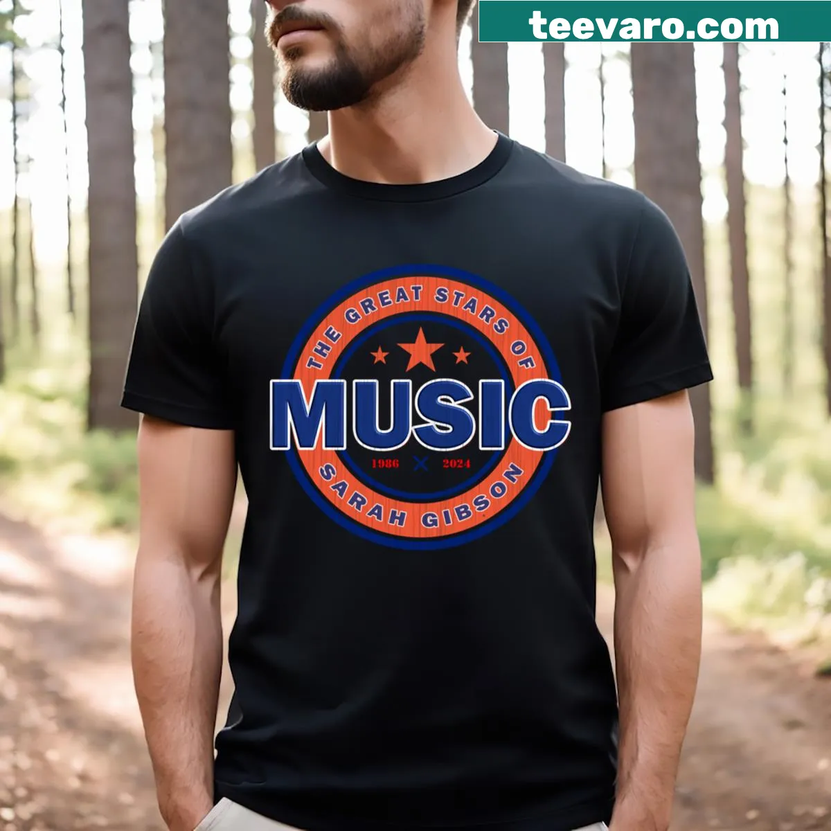 Sarah Gibson 1986 to 2024 Music D86 T-shirt with thoughtful typography — on a men's t-shirt