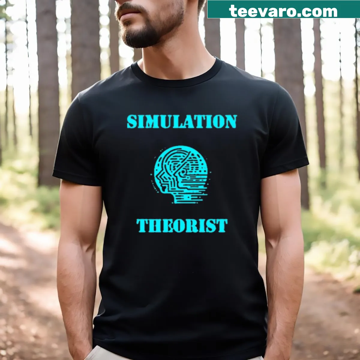 T-shirt featuring Simulation Theorist logo in minimalist style — on a men's t-shirt