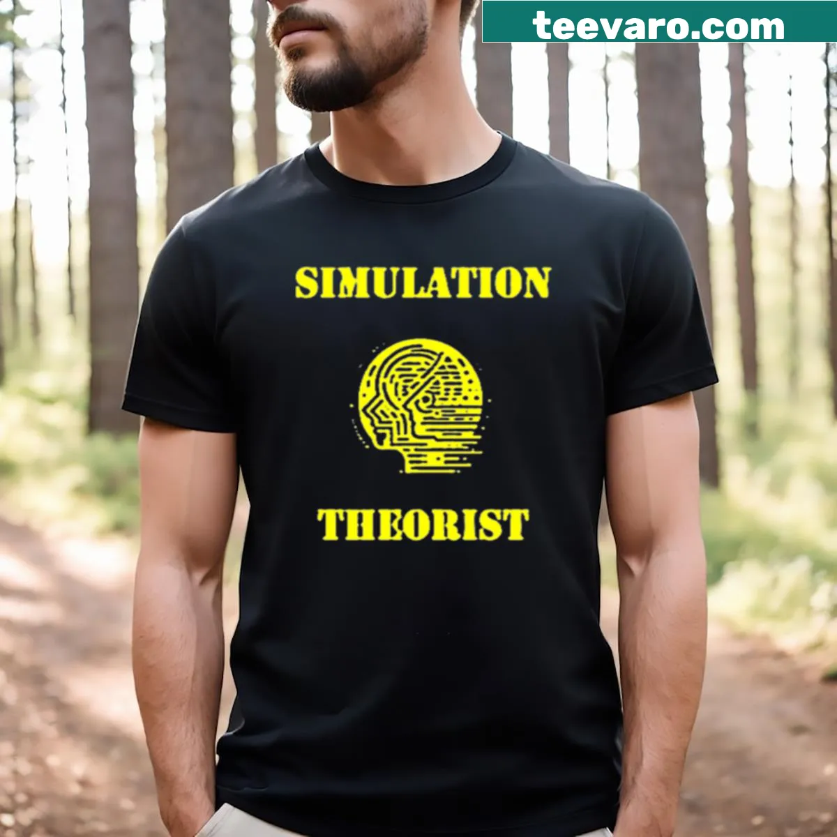 Simulation theorist logo design on t-shirt — on a men's t-shirt