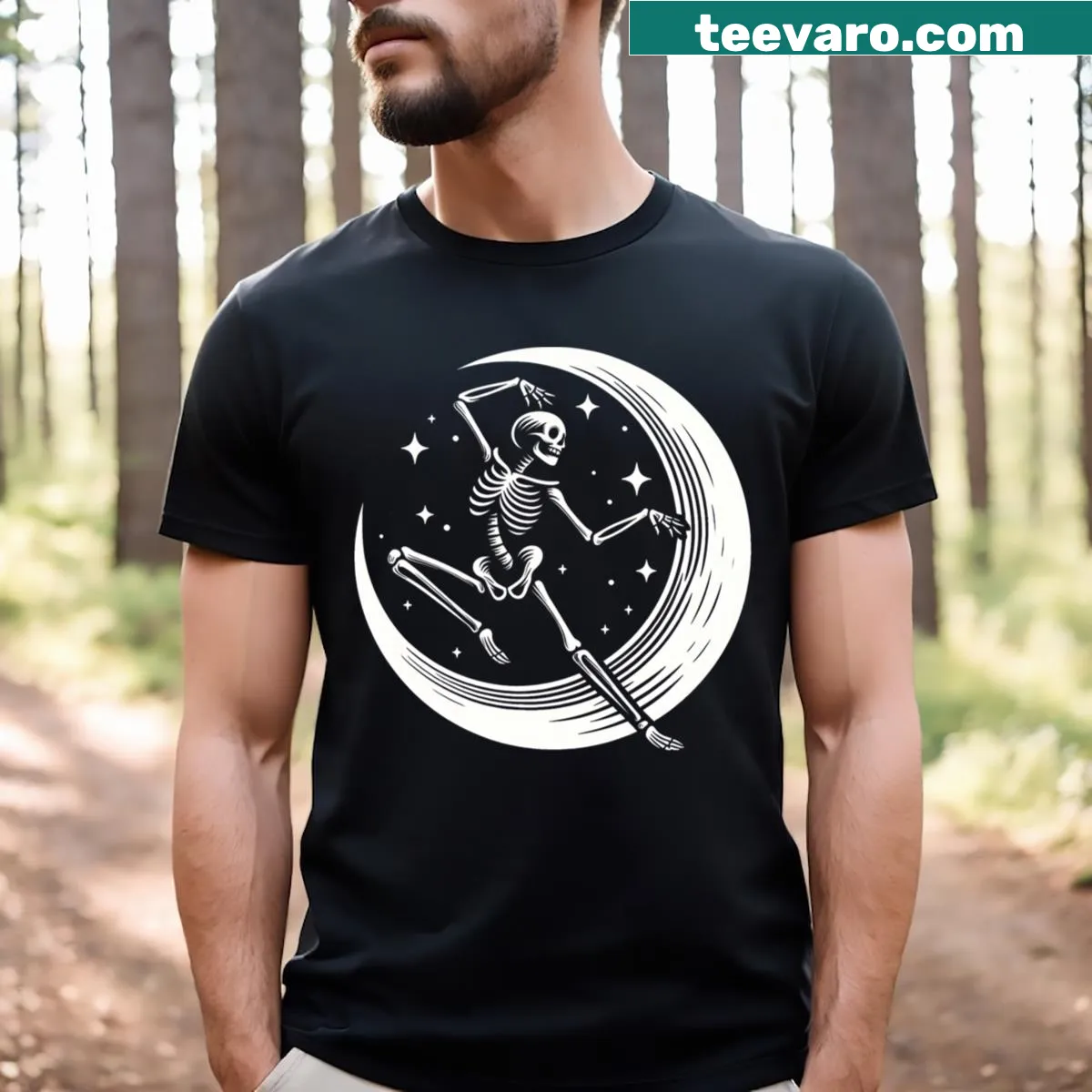 Illustrated T-shirt with skeleton dancing on moon and stars — on a men's t-shirt