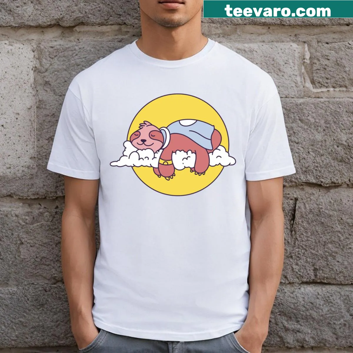 Cartoon T-shirt of a sloth relaxing on clouds — on a men's t-shirt