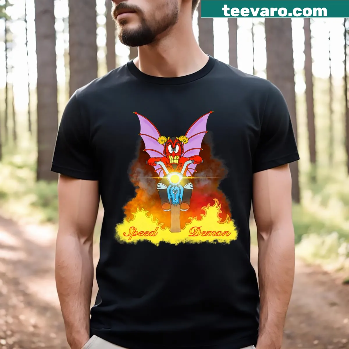 Cartoon T-shirt of speed demon biker in flames — on a men's t-shirt