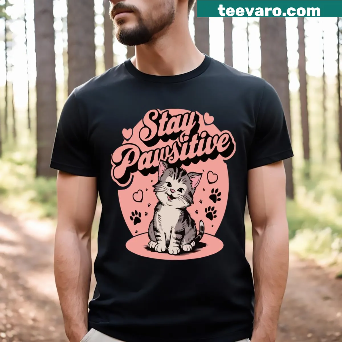 Cute cat illustration with paw prints on a t-shirt — on a men's t-shirt