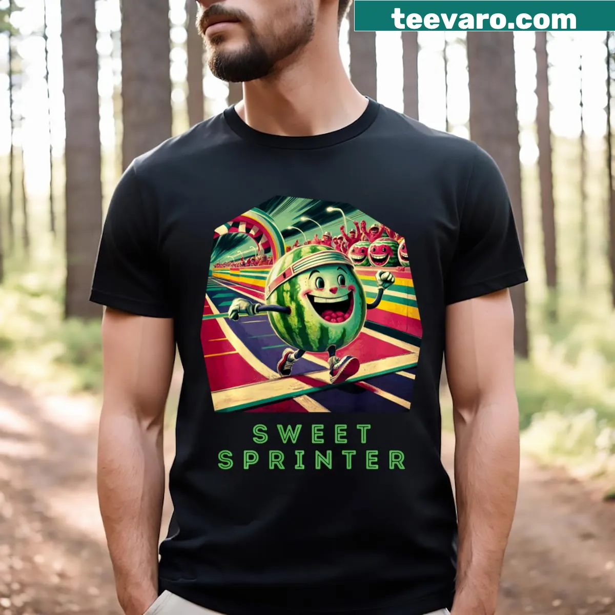 Cartoon runner T-shirt featuring a watermelon design — on a men's t-shirt