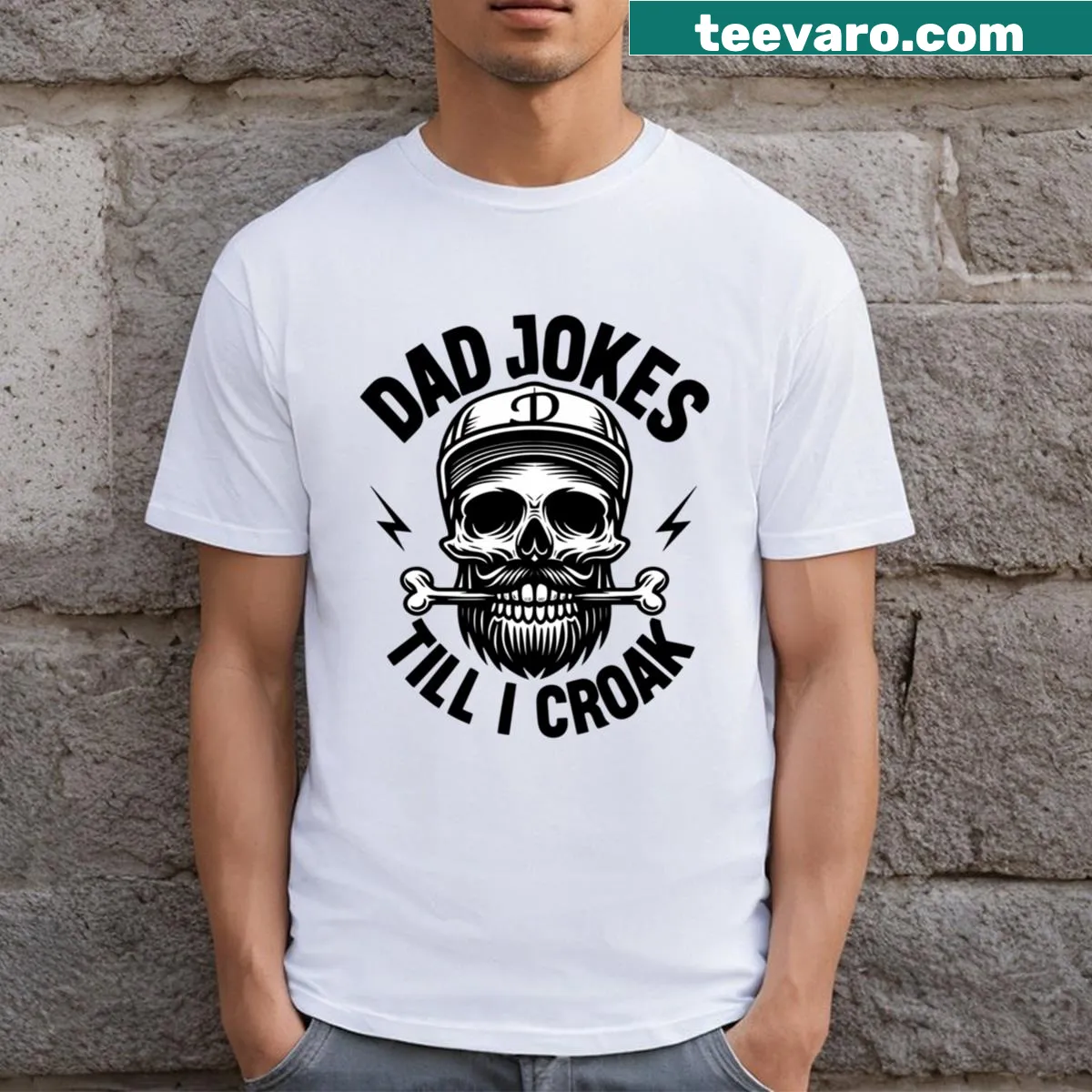 T-shirt declaring Dad Jokes Champion with playful text — on a men's t-shirt