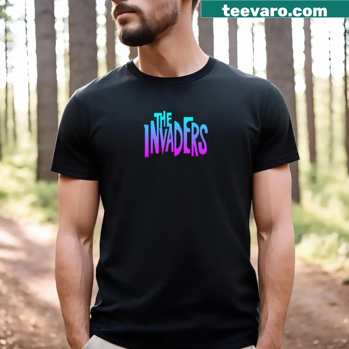 1967 Invaders logo T-shirt with retro synthwave design — on a men's t-shirt