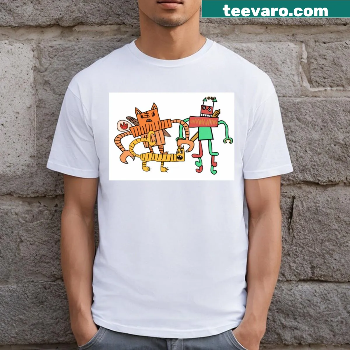 Illustrated Tiger Robot T-shirt featuring a mech tiger engaged in battle — on a men's t-shirt
