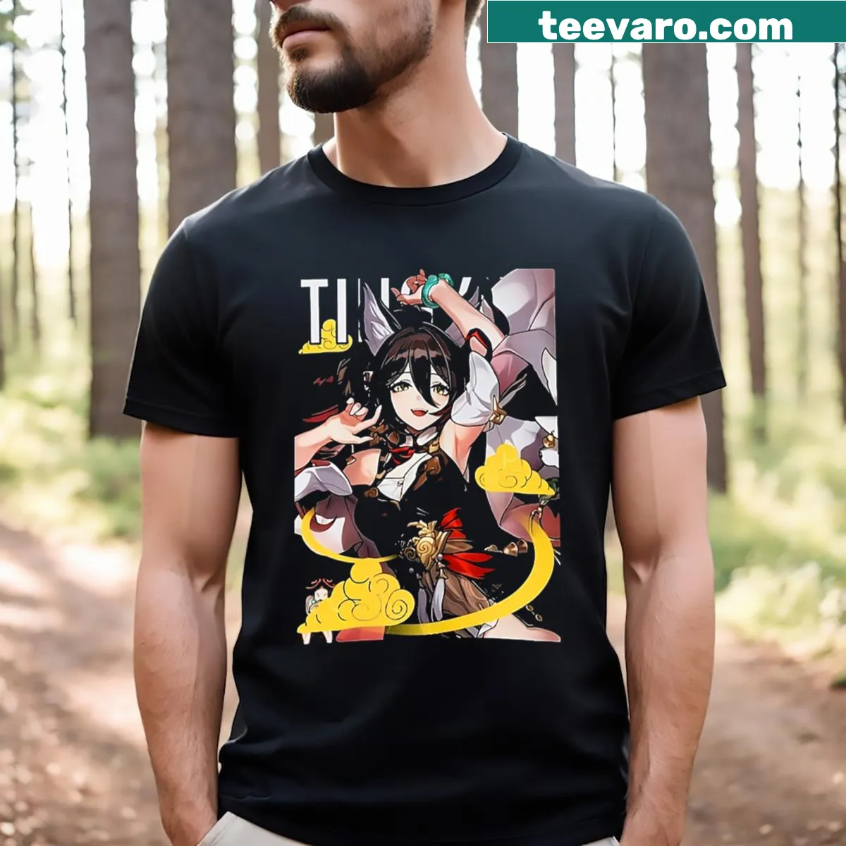 Bold typography gaming T-shirt for Tingyun Honkai — on a men's t-shirt