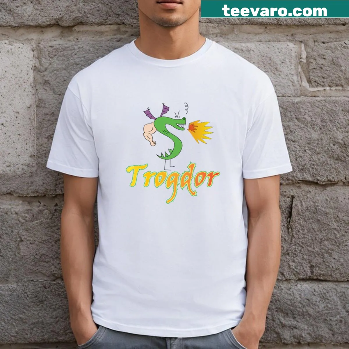 Cartoon Trogdor dragon logo t-shirt — on a men's t-shirt