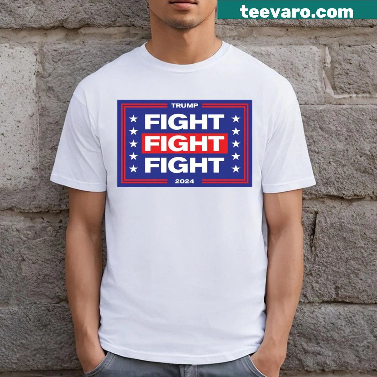 Bold typography Trump 2024 t-shirt — on a men's t-shirt