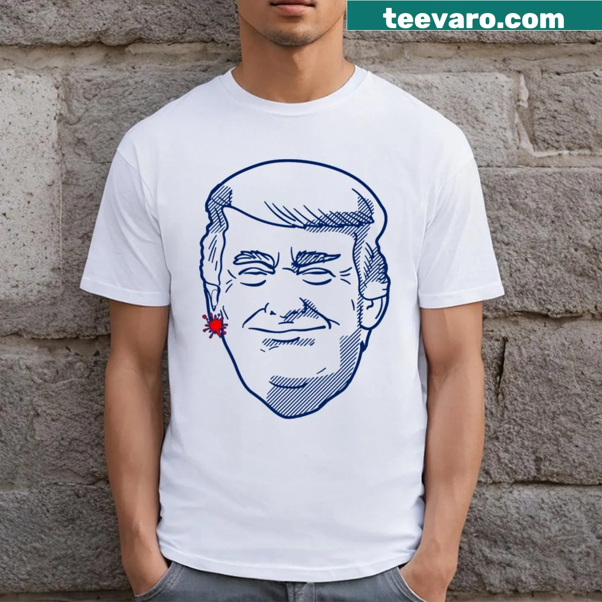 Satirical T-shirt featuring a cartoon head with a humorous political theme — on a men's t-shirt