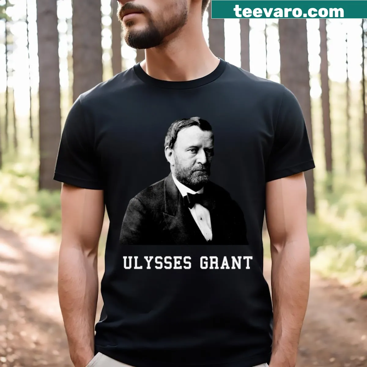 T-shirt featuring repeated text 'Ulysses Grant' — on a men's t-shirt