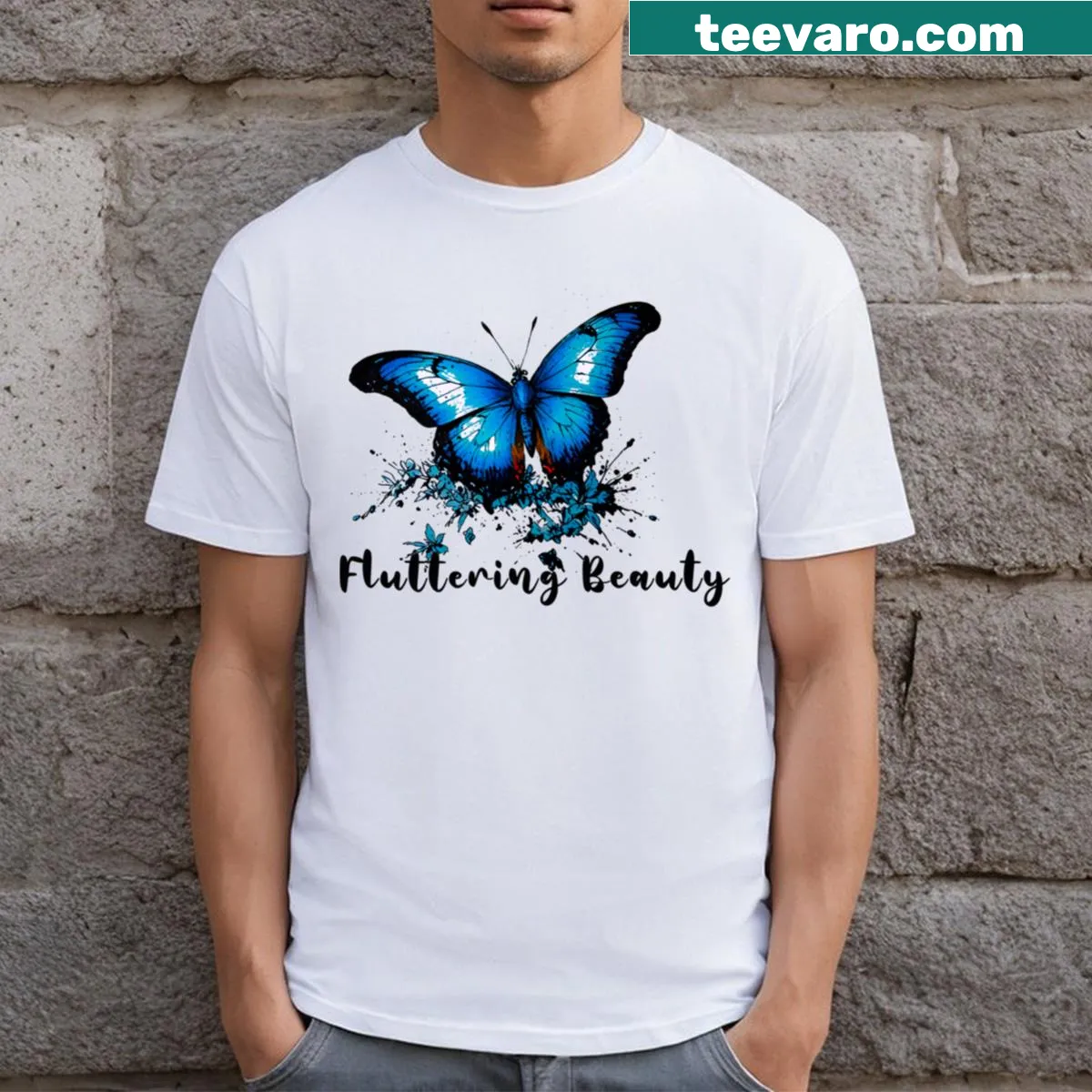 Illustrated blue butterfly design on a T-shirt — on a men's t-shirt