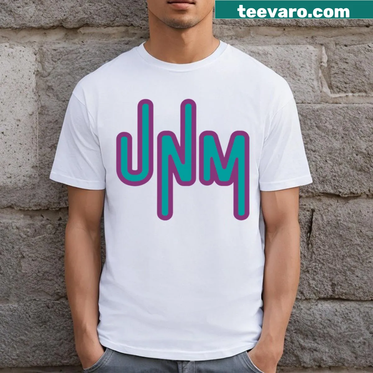 Simple UNM logo T-shirt with minimalist design — on a men's t-shirt