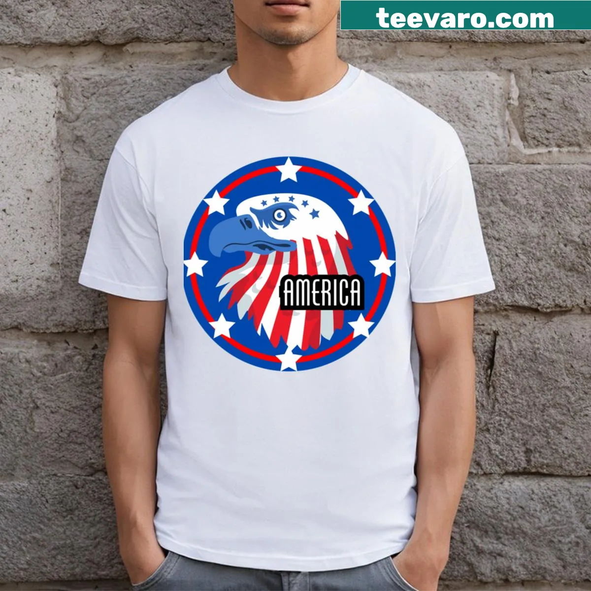 Patriotic T-shirt featuring the US America logo design — on a men's t-shirt
