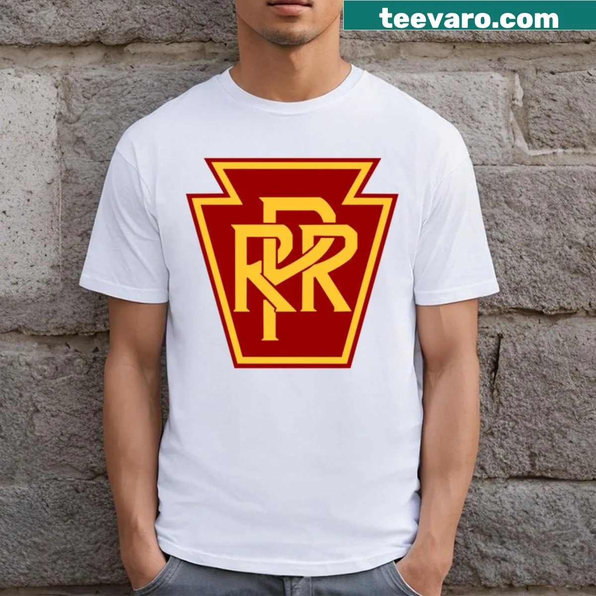 Vintage Pennsylvania Railroad logo T-shirt design — on a men's t-shirt