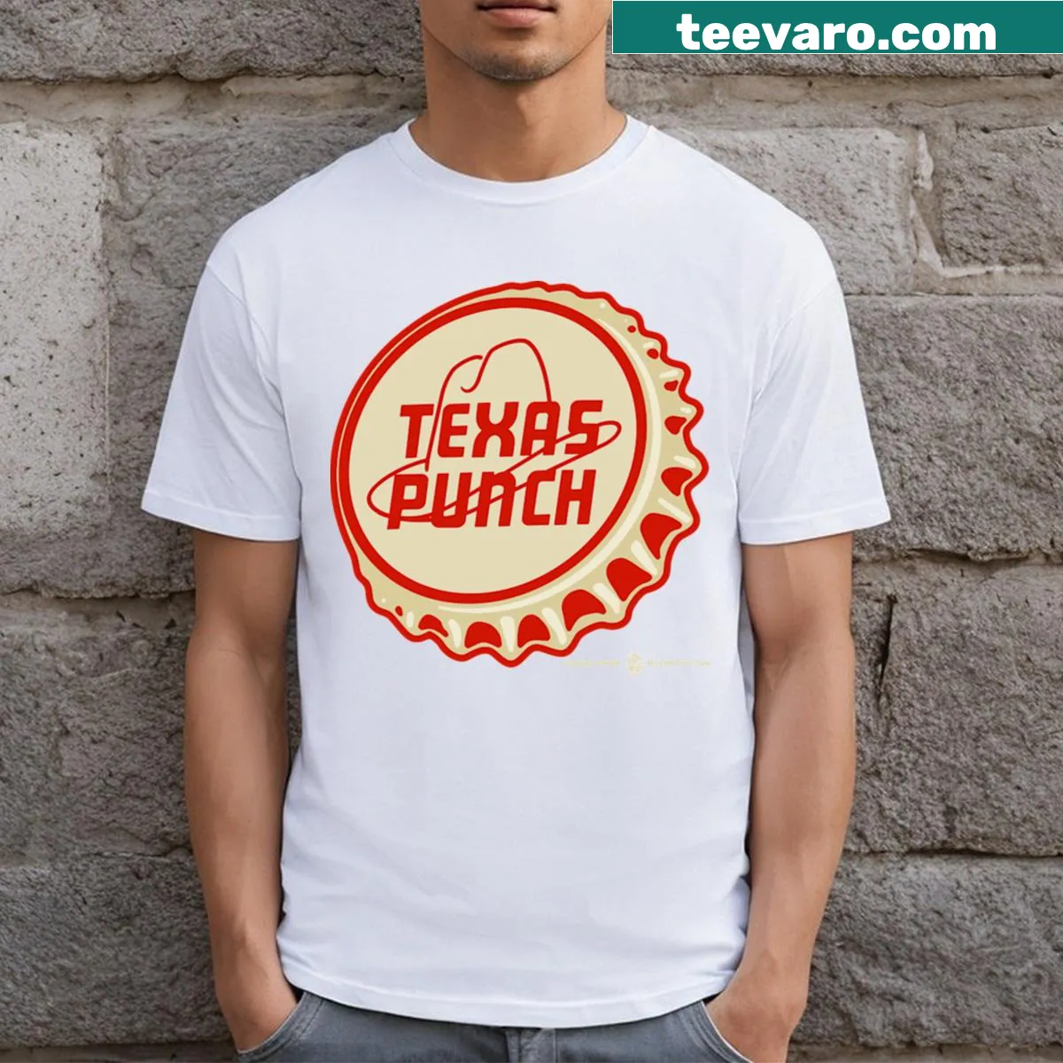Vintage-style Texas Punch soda bottle cap graphic on t-shirt — on a men's t-shirt