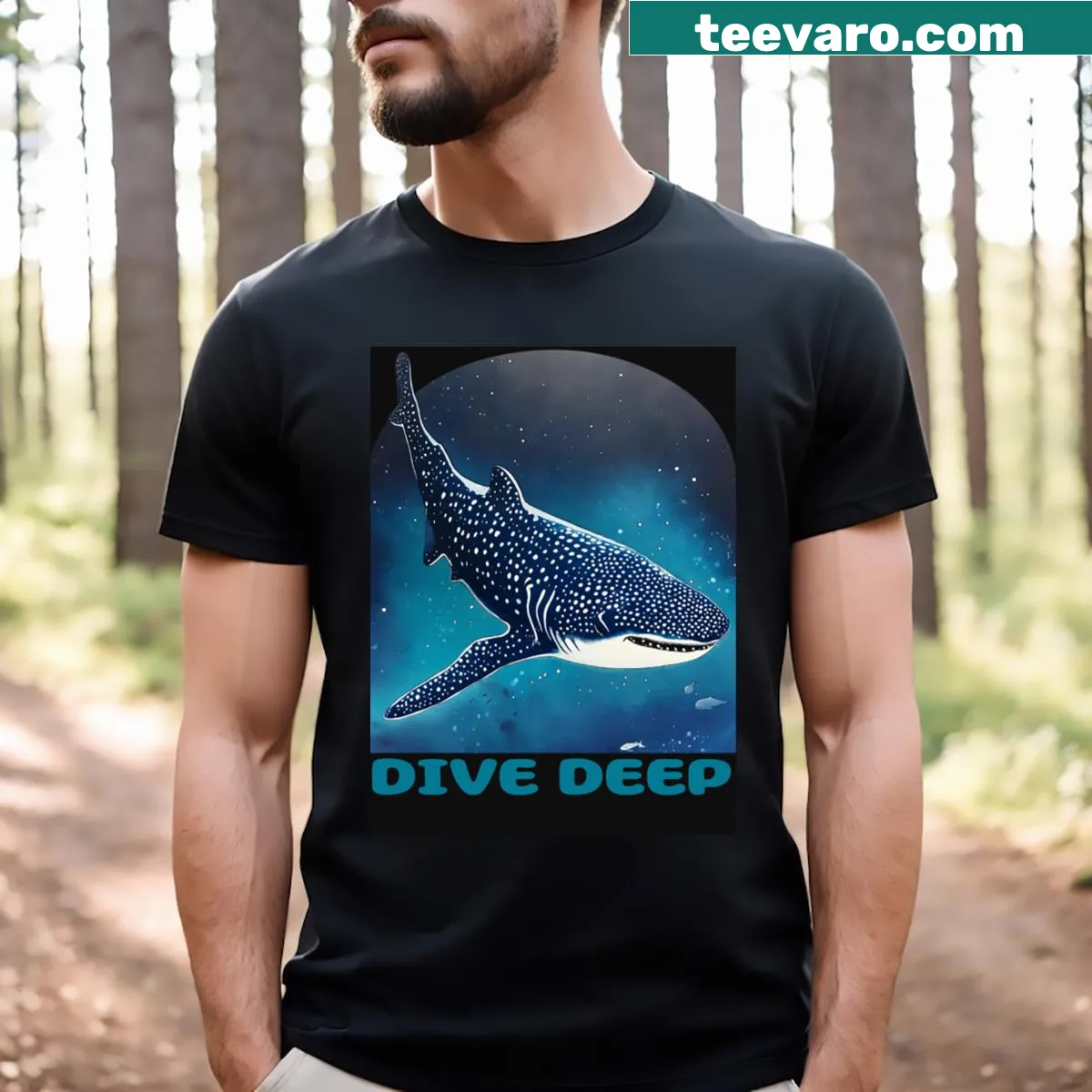 Cartoon whale shark graphic T-shirt representing ocean adventure — on a men's t-shirt