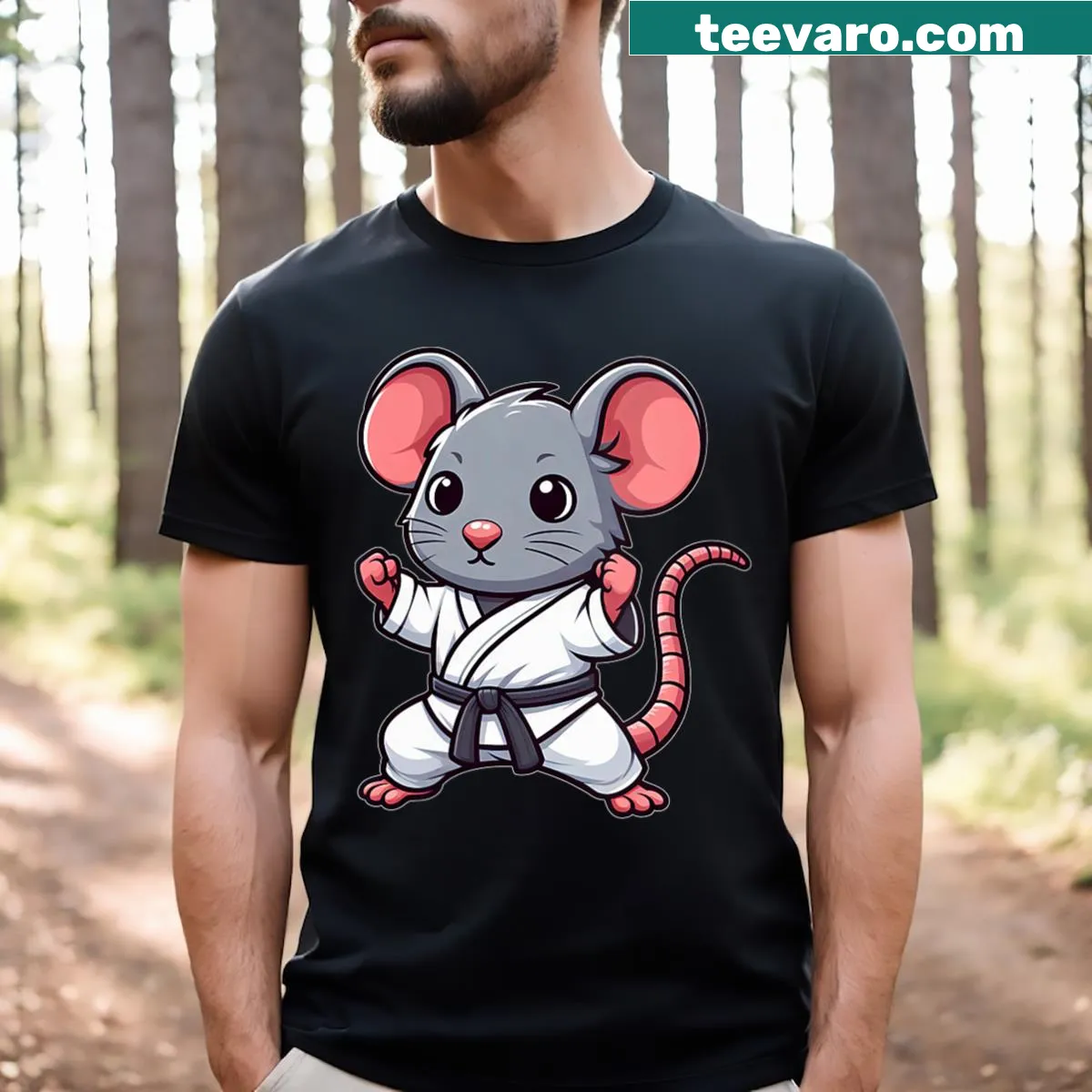 Cartoon karate mouse graphic T-shirt designed for children — on a men's t-shirt