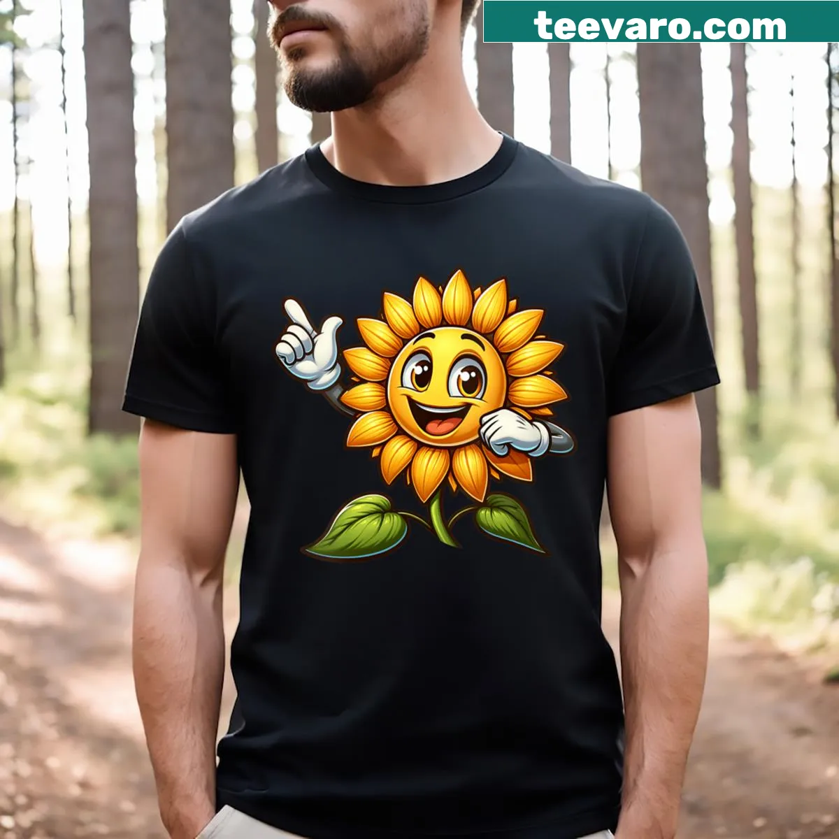 Cartoon sunflower character graphic T-shirt designed for children — on a men's t-shirt