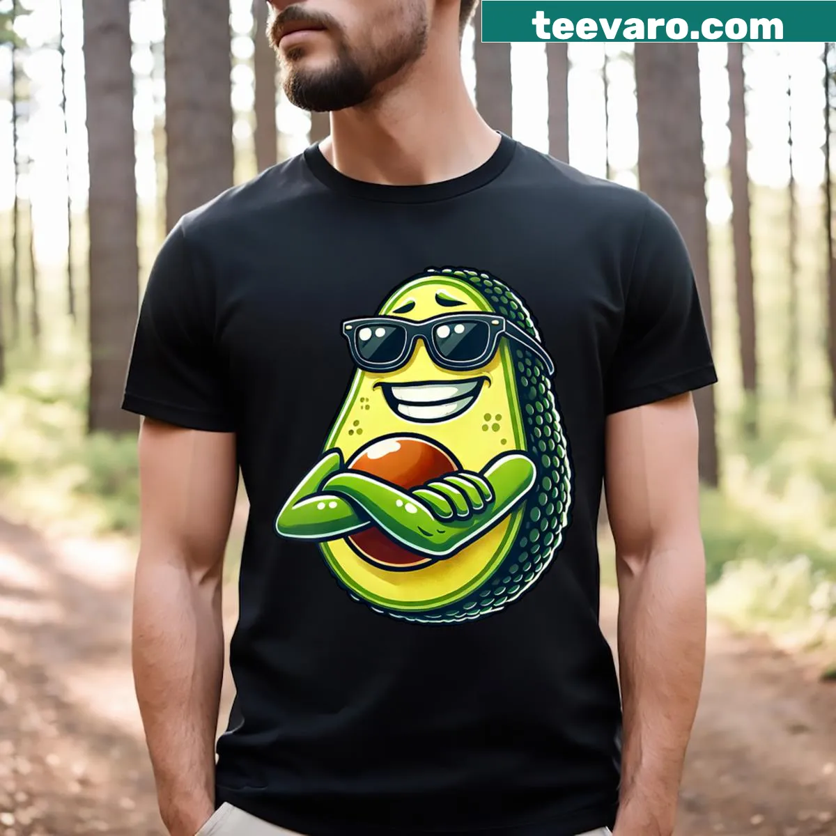 Cartoon avocado wearing sunglasses on a V-neck t-shirt — on a men's t-shirt