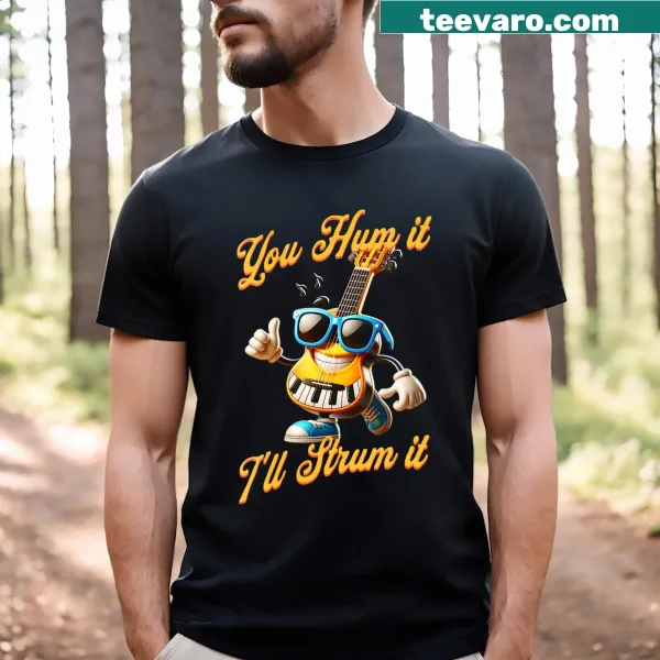 Cartoon guitarist dancing with guitar graphic t-shirt