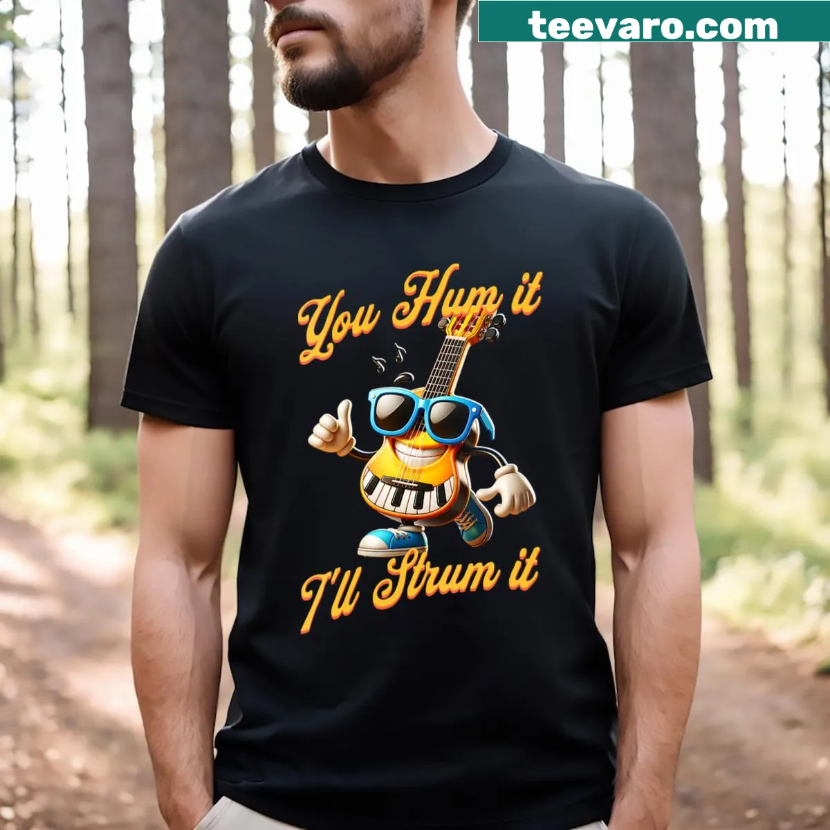 Cartoon guitarist dancing with guitar graphic t-shirt — on a men's t-shirt
