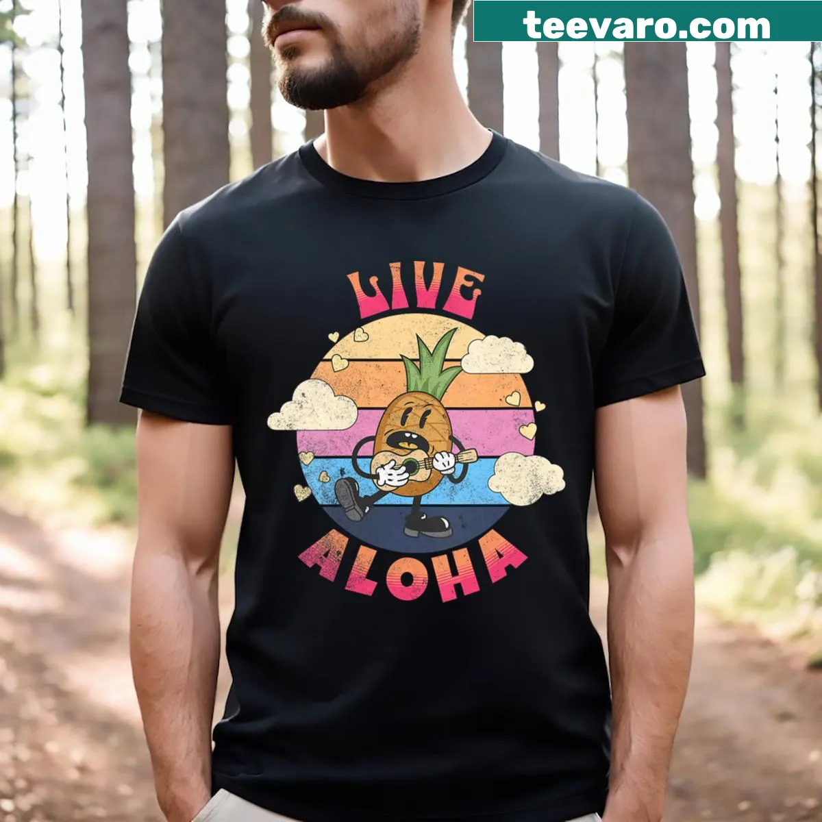 Cartoon pineapple with ukulele graphic T-shirt representing aloha spirit — on a men's t-shirt