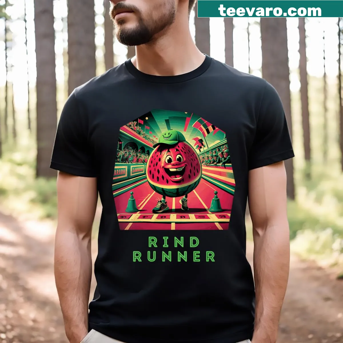 Cartoon watermelon running design on a humorous V-neck T-shirt — on a men's t-shirt