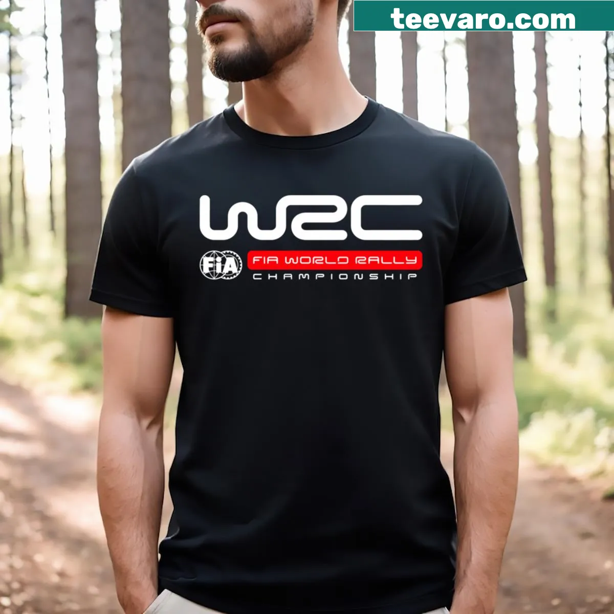 WRC logo printed on a casual T-shirt for motorsport fans — on a men's t-shirt