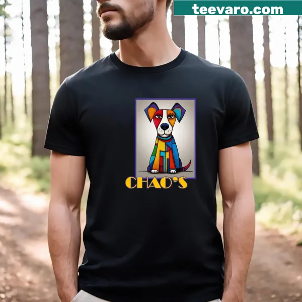 Abstract dog illustration T-shirt featuring playful chaotic shapes