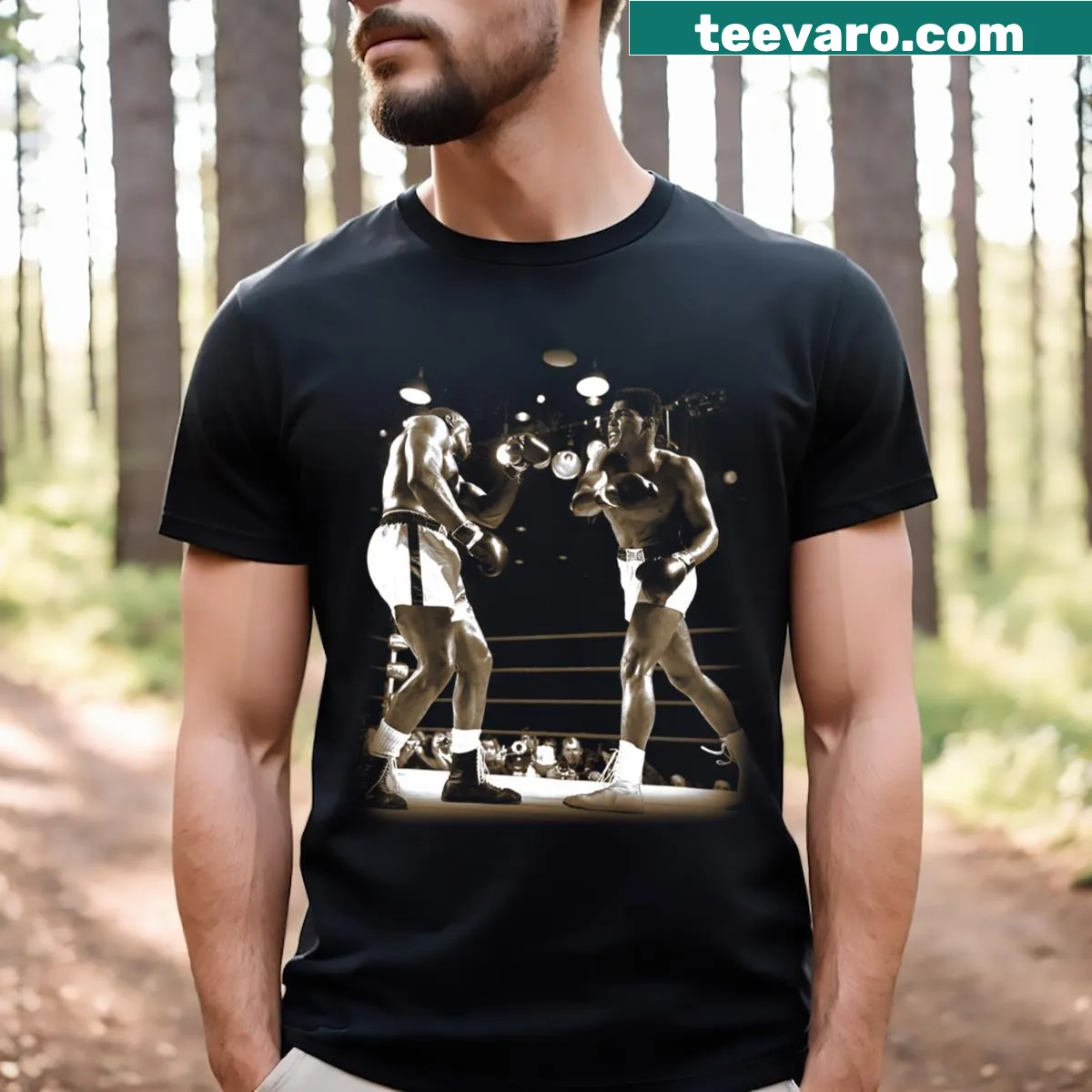 Illustrated T-shirt depicting Ali vs Liston 1964 boxing match — on a men's t-shirt