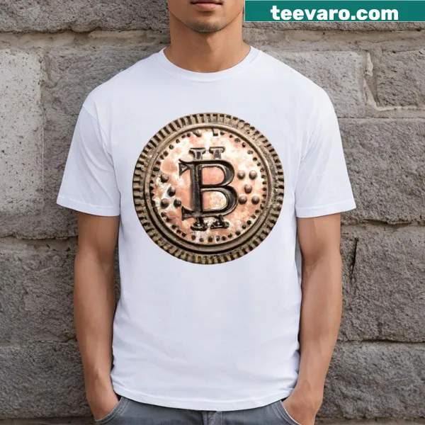 Vintage-style t-shirt featuring an antique Bitcoin coin design
