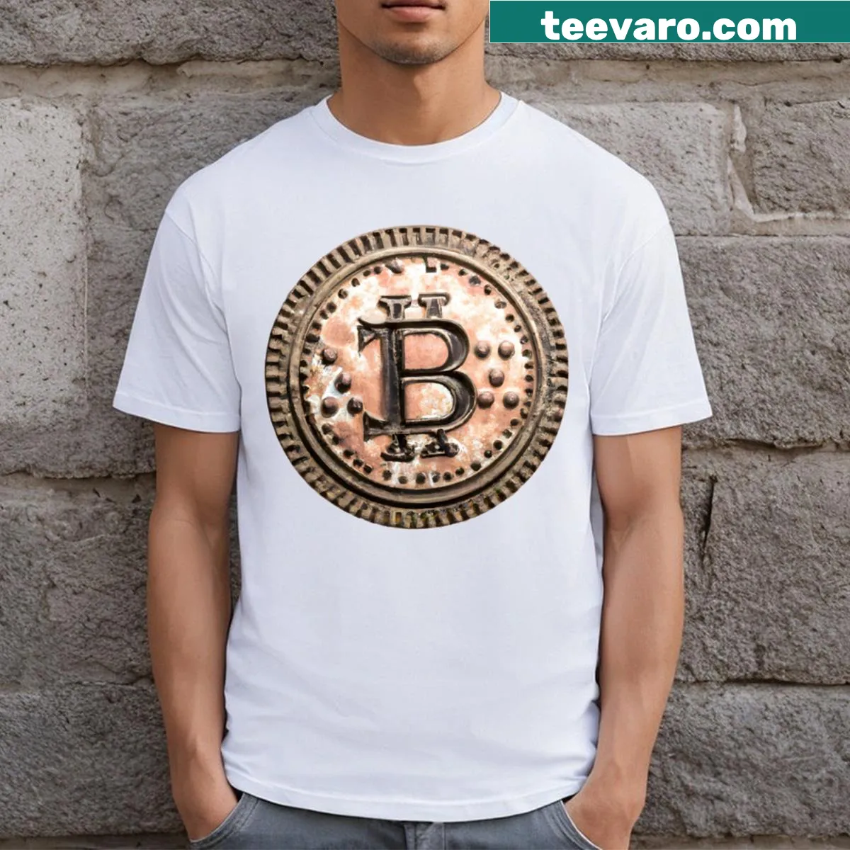 Vintage-style t-shirt featuring an antique Bitcoin coin design — on a men's t-shirt